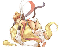 Rule 34 | 10s, 1girl, andira (granblue fantasy), animal ears, ass, bad id, bad pixiv id, bare shoulders, barefoot, brown hair, cat tail, chinese clothes, cloud, dengliziti, detached pants, detached sleeves, erune, feet, flying nimbus, fur trim, granblue fantasy, long sleeves, looking at viewer, looking back, lying, monkey ears, monkey girl, monkey tail, on stomach, one eye closed, red eyes, sash, scarf, see-through, short hair, simple background, soles, solo, tail, thighhighs, toes, waking up, white background, white thighhighs