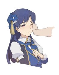 Rule 34 | 1girl, blue hair, bow, bowtie, brown eyes, closed mouth, crying, crying with eyes open, flower, hair flower, hair ornament, hand on another&#039;s cheek, hand on another&#039;s face, hand on another&#039;s head, idolmaster, idolmaster (classic), kisaragi chihaya, nanaseki7, one eye closed, puffy short sleeves, puffy sleeves, short sleeves, simple background, smile, solo focus, tears, upper body, white background