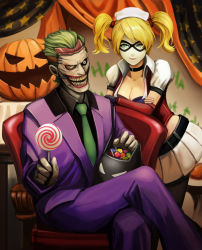 Rule 34 | 1boy, 1girl, animification, bad id, bad pixiv id, batman (series), belt, blonde hair, breasts, candy, chair, choker, cleavage, couch, crazy smile, crossed legs, curtains, dc comics, domino mask, elbow gloves, facepaint, food, formal, glasgow smile, gloves, green hair, green necktie, halloween, happy halloween, harley quinn, jack-o&#039;-lantern, lollipop, long sleeves, looking at viewer, makeup, mask, miniskirt, necktie, pantyhose, pleated skirt, puffy short sleeves, puffy sleeves, purple suit, red upholstery, short hair, short sleeves, sitting, skirt, smile, suit, sunao (70 the), the joker, twintails, two side up, when you see it, white gloves, white skirt