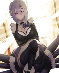 Rule 34 | 1girl, absurdres, alternate costume, arachne, arthropod girl, artist name, black gloves, black thighhighs, blacksaikou, blush, breast hold, breasts, carapace, cleavage, cleavage cutout, clothing cutout, dutch angle, elbow gloves, enmaided, extra eyes, eyes visible through hair, gloves, hair between eyes, hand on own chest, highres, insect girl, large breasts, light purple hair, looking at viewer, maid, maid headdress, medium hair, monster girl, monster musume no iru nichijou, no pants, no pupils, rachnera arachnera, red eyes, smile, solo, spider girl, sunlight, taur, thighhighs, window