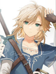 Rule 34 | 1boy, animal, blonde hair, blue eyes, blue tunic, closed mouth, ear piercing, fingerless gloves, gloves, hair between eyes, highres, holding, jewelry, link, mada (shizhou), male focus, nintendo, piercing, pointy ears, rabbit, sample watermark, sheikah slate, simple background, solo, sword, the legend of zelda, the legend of zelda: breath of the wild, tunic, upper body, watermark, weapon, weapon on back, white background