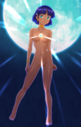 Rule 34 | 1girl, absurdres, arms at sides, bare shoulders, blue background, blue gemstone, blunt bangs, blunt ends, blush, bob cut, breasts, closed mouth, collarbone, commentary, curled fingers, dark, dark-skinned female, dark skin, earrings, female pubic hair, full body, full moon, fushigi no umi no nadia, gem, glowing, gold bracelet, green eyes, groin, hair ornament, hairclip, highres, hoop earrings, jewelry, light blush, light smile, looking at viewer, maruyama musashi, moon, nadia la arwall, navel, neck ring, necklace, night, night sky, nipples, pendant, pubic hair, purple hair, pussy, short hair, sky, small breasts, solo, sparkle, spread legs, standing, toes