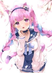 Rule 34 | 1girl, absurdres, ahoge, anchor symbol, animal ear fluff, animal ears, blunt bangs, blurry, blurry foreground, blush, bow, bowtie, braid, cat ears, cat tail, cherry blossoms, choker, collarbone, cowboy shot, frilled shirt, frills, hand up, highres, hololive, long hair, long sleeves, looking at viewer, minato aqua, minato aqua (sailor), open mouth, petals, pleated skirt, purple eyes, purple hair, purple skirt, sailor collar, shirt, sidelocks, skirt, solo, tail, tatsuyoshi (zawahomura), thighs, twin braids, virtual youtuber, white shirt