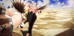 Rule 34 | 1girl, ahoge, animal ears, ass, balkenkreuz, blonde hair, blue eyes, cloud, cross, desert, drum magazine, fed (giba), flying, from behind, goggles, goggles on head, grin, gun, hanna-justina marseille, head wings, highres, lens flare, long hair, looking back, luftwaffe, machine gun, magazine (weapon), mg 34, military, military uniform, panties, pantyshot, pink hair, profile, sand, skirt, sky, smile, solo, strike witches, striker unit, sun, tail, underwear, uniform, upskirt, weapon, wehrmacht, wings, witches of africa, world witches series