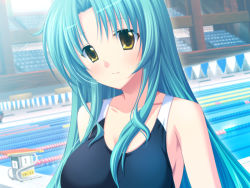 Rule 34 | 00s, 1girl, atelier kaguya, bare shoulders, black one-piece swimsuit, breasts, chair, choco chip, cleavage, closed mouth, collarbone, competition swimsuit, day, eyelashes, female focus, floor, game cg, glass, green hair, hair between eyes, indoors, kobayakawa miyuki (prima stella), large breasts, light rays, lips, long hair, looking at viewer, one-piece swimsuit, pool, poolside, prima stella, school, school swimsuit, shade, sleeveless, smile, solo, solo focus, standing, sunbeam, sunlight, swimsuit, teacher, upper body, very long hair, window, yellow eyes