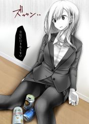 Rule 34 | 1girl, ashita no joe, beer can, black pantyhose, can, collared shirt, drink can, empty eyes, gloom (expression), greyscale, highres, leaning, long sleeves, monochrome, ol-chan (oouso), oouso, pantyhose, pencil skirt, shirt, sidelocks, sitting, skirt, solo, translation request