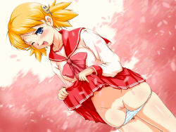 Rule 34 | 00s, 1girl, blonde hair, blue eyes, cleft of venus, clothes lift, one eye closed, panties, panty pull, pussy, sasamori karin, school uniform, serafuku, shin (sin-maniax), short twintails, skirt, skirt lift, solo, striped clothes, striped panties, to heart (series), to heart 2, twintails, uncensored, underwear, wink
