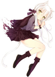 Rule 34 | 1girl, animal ears, bow, cat ears, cat tail, dress, hair bow, kojiki-life, long hair, looking at viewer, original, solo, tail, twintails, white background, white hair, yellow eyes