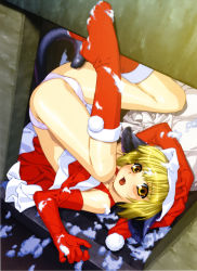 Rule 34 | 1girl, absurdres, animal ears, blonde hair, cat ears, cat tail, elbow gloves, fangs, gloves, hat, highres, ino (magloid), legs, legs over head, non-web source, panties, santa costume, scan, snow, solo, tail, underwear, yellow eyes