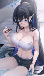 Rule 34 | 1girl, black hair, black shorts, blue archive, blue eyes, blue hair, breasts, collarbone, controller, drawstring, earrings, game controller, giga-tera, glasses, halo, high ponytail, highres, holding, holding controller, jewelry, joy-con, large breasts, light particles, long hair, parted lips, pointy ears, rin (blue archive), short shorts, shorts, sitting, slit pupils, solo, sports bra, strap gap, strap slip, thighs, very long hair, white sports bra