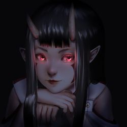 Rule 34 | 1girl, bad id, bad pixiv id, black background, black hair, blunt bangs, closed mouth, colored eyelashes, dark, eyelashes, facepaint, glowing, glowing eyes, head rest, horns, kuro-hero, light smile, long hair, looking at viewer, looking to the side, oni, oni horns, original, own hands together, pointy ears, portrait, red eyes, red lips, simple background, solo