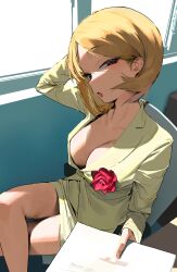 1girl absurdres blonde_hair breasts chair cleavage collarbone commentary_request flower highres holding holding_paper looking_at_viewer medium_breasts on_chair open_mouth original paper red_eyes red_flower red_rose rose sekoshi_(some1else45) short_hair sitting some1else45