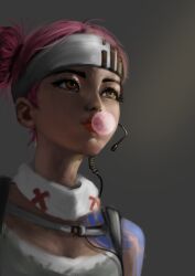Rule 34 | 1girl, absurdres, apex legends, arm tattoo, brown eyes, cable, chewing gum, chinese commentary, cleavage cutout, clothing cutout, dark-skinned female, dark skin, double bun, earpiece, grey background, grey tank top, hair behind ear, hair bun, headband, highres, lifeline (apex legends), mask, mask around neck, portrait, realistic, red hair, red lips, solo, tank top, tattoo, vido (790807927), white headband