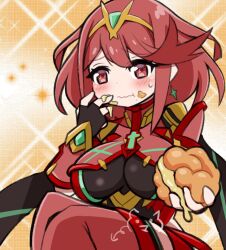 Rule 34 | 1girl, :t, black leotard, blush, breasts, closed mouth, cream puff, eating, feet out of frame, food, food on face, headpiece, holding, holding food, large breasts, leotard, ma2acworks, pink thighhighs, pyra (xenoblade), red eyes, red hair, solo, sparkle background, sweat, thighhighs, wavy mouth, xenoblade chronicles (series), xenoblade chronicles 2