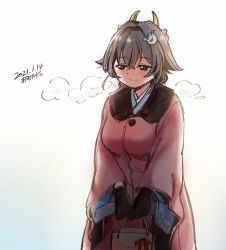 Rule 34 | 1girl, alternate costume, artist name, bag, black gloves, black hair, breasts, breath, brown coat, coat, cowboy shot, dated, gloves, hair flaps, hair ornament, hairclip, jingei (kancolle), kantai collection, kirisawa juuzou, large breasts, long hair, low ponytail, red eyes, simple background, solo, white background