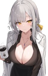 Rule 34 | 1girl, ?, absurdres, black skirt, black survival, breasts, brown shirt, cleavage, closed mouth, coat, coat on shoulders, coffee mug, collarbone, collared shirt, cup, dasi (kwts3227), dr. nadja, eternal return: black survival, hair ribbon, highres, holding, holding cup, jewelry, large breasts, leaning forward, long hair, long sleeves, looking at viewer, low ponytail, mug, necklace, pencil skirt, ribbon, shirt, shirt tucked in, sidelocks, simple background, skirt, smile, solo, standing, sweat, white background, white coat, white hair, yellow eyes