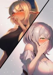 Rule 34 | 2girls, absurdres, bare shoulders, blonde hair, blue bow, blush, bow, breasts, commentary request, grey background, grey hair, hair bow, hand up, highres, hololive, large breasts, long hair, multiple girls, nose blush, off-shoulder shirt, off shoulder, ohako (ohako1818), orange eyes, pointy ears, ponytail, shiranui flare, shirogane noel, shirogane noel (casual), shirt, short hair, upper body, virtual youtuber, white shirt, yuri