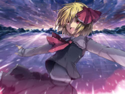 Rule 34 | 1girl, 6u (eternal land), bad id, bad pixiv id, blonde hair, cloud, cowboy shot, embodiment of scarlet devil, fang, female focus, hair ribbon, kiyu, light rays, looking at viewer, md5 mismatch, motion blur, mountain, open mouth, red eyes, ribbon, rumia, short hair, solo, touhou