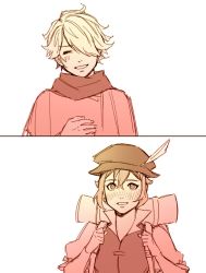 Rule 34 | 1boy, 1girl, blush, closed eyes, dress, embarrassed, hair over one eye, hat, jewelry, long hair, mella, monochrome, octopath traveler, octopath traveler i, open mouth, scarf, short hair, simple background, smile, therion (octopath traveler), tressa (octopath traveler)