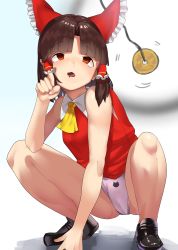Rule 34 | 1girl, absurdres, ascot, benikurage (cookie), black footwear, blush, bow, breasts, brown hair, coin, coin on string, collared shirt, commentary, cookie (touhou), frilled bow, frilled hair tubes, frills, full body, hair bow, hair tubes, hakurei reimu, highres, hypnosis, koiso usu, medium hair, mind control, no pants, open mouth, panties, parted bangs, red bow, red eyes, red shirt, shirt, shoes, sleeveless, sleeveless shirt, small breasts, solo, squatting, touhou, underwear, white panties, yellow ascot