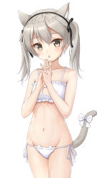Rule 34 | 1girl, :o, animal ears, bare arms, bare shoulders, black bow, black hairband, bow, bra, brown eyes, cat cutout, cat ear panties, cat ears, cat girl, cat lingerie, cat tail, cleavage cutout, clothing cutout, collarbone, commentary request, flipper, girls und panzer, grey hair, groin, hair between eyes, hair bow, hairband, hands up, highres, interlocked fingers, meme attire, navel, own hands together, panties, parted lips, shimada arisu, side-tie panties, simple background, solo, tail, tail bow, tail ornament, twintails, underwear, underwear only, white background, white bow, white bra, white panties