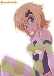 Rule 34 | 1girl, akatsuki kirika, bare shoulders, blonde hair, breasts, commentary request, covered navel, elbow gloves, gloves, green eyes, hair ornament, leotard, looking at viewer, medium breasts, mutsuki riichi, open mouth, senki zesshou symphogear, shiny clothes, shiny skin, short hair, simple background, sitting, solo, striped clothes, striped thighhighs, thighhighs, white background, x hair ornament