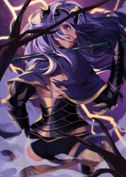 Rule 34 | 1girl, armor, aryarych, ass, back, black armor, black gloves, black panties, camilla (fire emblem), cowboy shot, fire emblem, fire emblem fates, gloves, hair over one eye, highres, holding, holding weapon, lips, long hair, looking at viewer, looking back, nintendo, panties, purple eyes, purple hair, solo, thighs, tiara, torn clothes, underwear, very long hair, wavy hair, weapon