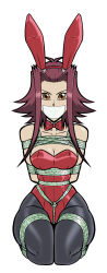 Rule 34 | 1girl, absurdres, animal ears, arms behind back, bdsm, bondage, bound, bound arms, bound legs, bow, bowtie, box tie, breast bondage, breasts, brown eyes, cleavage, collarbone, detached collar, fake animal ears, gag, gagged, highres, improvised gag, izayoi aki, kneeling, leotard, looking at viewer, pantyhose, playboy bunny, rabbit ears, red hair, red leotard, rope, tape, tape gag, wossarem, yu-gi-oh!, yu-gi-oh! 5d&#039;s