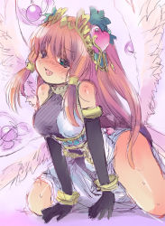 Rule 34 | 1girl, all fours, aqua eyes, bangle, bare shoulders, black gloves, blush, bracelet, breasts, dress, elbow gloves, feathered wings, full-face blush, gloves, hair ornament, hair tubes, heart, heart hair ornament, ichifuji nitaka, jewelry, leaf, leaf hair ornament, long hair, lots of jewelry, medium breasts, multiple wings, open mouth, pink background, pink hair, puzzle &amp; dragons, sash, sketch, sleeveless, sleeveless dress, smile, solo, sweat, tiara, venus (p&amp;d), white dress, wings