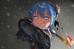 Rule 34 | 1girl, axe, bad id, bad twitter id, beret, blood, blood on axe, blood on clothes, blood on face, bloody weapon, blue eyes, blue hair, commentary request, grey background, grey hat, hat, highres, hololive, hoshimachi suisei, hoshimachi suisei (1st costume), nem rui, plaid, snow, solo, upper body, virtual youtuber, weapon