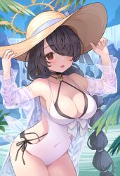 Rule 34 | 1girl, absurdres, bare legs, bare shoulders, bikini, black bikini, black hair, blue archive, blush, collarbone, covered navel, cowboy shot, day, hair over one eye, halo, hat, highres, hinata (blue archive), hinata (swimsuit) (blue archive), long braid, long hair, looking at viewer, nomio, one-piece swimsuit, open mouth, palm leaf, red eyes, smile, solo, swimsuit, very long hair, white one-piece swimsuit, yellow halo, yellow hat