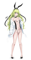 Rule 34 | 1girl, animal ears, bare legs, black bow, black bowtie, black footwear, blouse, blush, bow, bowtie, breasts, brown eyes, chaciooh, cleavage, collarbone, detached collar, earrings, fake animal ears, full body, gluteal fold, green hair, highres, honkai (series), honkai impact 3rd, jewelry, leotard, leotard under clothes, long hair, long sleeves, looking down, meme attire, mobius (honkai impact), navel, open clothes, open shirt, parted lips, playboy bunny, rabbit ears, see-through, see-through leotard, shirt, signature, simple background, slit pupils, small breasts, solo, standing, strapless, strapless leotard, tiara, traditional bowtie, translucent bunnysuit, very long hair, wavy hair, white background, white shirt