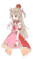 Rule 34 | 1girl, arm at side, armband, blush, bow, bowtie, brown hair, closed mouth, cropped legs, crown, dress, gloves, hair ornament, highres, holding, holding microphone, index finger raised, long hair, looking down, microphone, mini crown, motion blur, natori sana, open clothes, open vest, overskirt, pink dress, rabbit hair ornament, raised eyebrows, red armband, red eyes, red sash, sana channel, sash, simple background, sleeveless, sleeveless dress, solo, two side up, uewtsol, vest, white background, white gloves, white vest