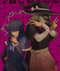 Rule 34 | 1boy, 1girl, absurdres, alternate hair color, apron, black hair, black headwear, black skirt, black vest, blue bow, blunt bangs, bow, brown apron, brown hair, buttons, cigarette, commentary request, constricted pupils, cookie (touhou), cowboy shot, double v, dress, grid background, grin, hair bow, hat, hat bow, hazuna rio, highres, holding, holding cigarette, kirisame marisa, long hair, long sleeves, looking at viewer, masked, odoro (nicoseiga81184094), patchouli knowledge, purple background, purple dress, shanghai doll, sharp teeth, shirt, skirt, smile, smoking, striped clothes, striped dress, taisa (cookie), teeth, touhou, v, vertical-striped clothes, vertical-striped dress, vest, waist apron, white shirt, witch hat