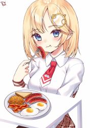Rule 34 | 1girl, bacon, beans, blue eyes, blush, bread, breasts, brown skirt, collared shirt, dress shirt, eating, egg (food), food, fork, fried egg, highres, holding, holding fork, hololive, hololive english, large breasts, long sleeves, medium hair, monocle, mustache print, necktie, plaid, plaid skirt, plate, red necktie, shirt, short necktie, signature, skirt, solo, table, virtual youtuber, watashishi, watson amelia, white shirt