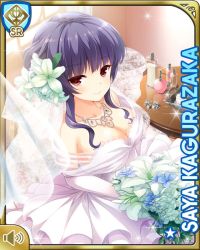 Rule 34 | 1girl, :o, bare arms, breasts, bridal veil, card, character name, cleavage, closed mouth, collarbone, day, dress, flower, girlfriend (kari), hair flower, hair ornament, indoors, kagurazaka saya, large breasts, long hair, looking at viewer, official art, purple hair, qp:flapper, red eyes, sitting, smile, solo, tagme, veil, wedding dress, white dress, white flower