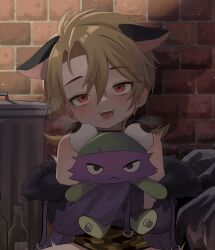 Rule 34 | 1boy, absurdres, alley, animal ears, bags under eyes, blonde hair, cat ears, earrings, fur collar, highres, holding, holding stuffed toy, hood, hoodie, indie virtual youtuber, jewelry, kainen, long hair, long sleeves, looking at viewer, low ponytail, male focus, mole, mole on arm, mole under eye, multiple moles, off shoulder, omurice (roza4957), open mouth, original, purple hoodie, red eyes, smile, stuffed toy, trap, trash can, virtual youtuber