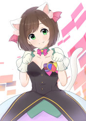 Rule 34 | 10s, 1girl, :3, absurdres, animal ears, bad id, bad pixiv id, bow, breasts, brown hair, cat ears, cat tail, choker, cleavage, fang, fang out, gloves, green eyes, highres, hio (hiohio0306), idolmaster, idolmaster cinderella girls, maekawa miku, paw pose, short hair, solo, star!!, tail, white gloves
