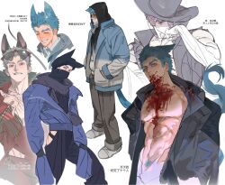 Rule 34 | 1boy, abs, absurdres, animal ears, ankle cuffs, arm up, black coat, black fur, black hat, black hood, black jacket, blood, blood on chest, blood on mouth, blue hair, blue jacket, blue octopus12, blue pubic hair, blue tail, blush, brown pants, closed eyes, clothing cutout, coat, commentary, covering own mouth, cowboy shot, english commentary, eyewear on head, feet out of frame, forked eyebrows, full-length zipper, full body, fur trim, groin, hand over own mouth, hand to own mouth, hands in pockets, hat, highres, hood, hood up, hoodie, jacket, korean text, laughing, looking at viewer, looking to the side, male focus, male pubic hair, multicolored clothes, multicolored jacket, multiple views, navel, open clothes, open coat, pants, parted lips, pectorals, popped collar, pubic hair, red eyes, sharp teeth, shiki (novel), shirt, shoes, sideways glance, simple background, sleeveless, sneakers, sneer, solo, sunglasses, tail, tatsumi (shiki), teeth, thigh cutout, tied sleeves, torn clothes, torn sleeves, turtleneck, unworn eyewear, white background, white footwear, white shirt, wing collar, yellow eyes, zipper