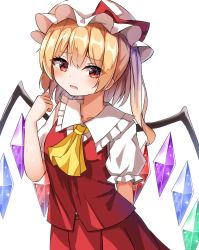 Rule 34 | 1girl, blonde hair, blush, bow, crystal, flandre scarlet, frilled shirt, frilled skirt, frilled sleeves, frills, gem, hat, hat ribbon, highres, kiui (dagk8254), long hair, looking at viewer, looking to the side, mob cap, puffy sleeves, red bow, red eyes, red ribbon, red vest, ribbon, shirt, short hair, short sleeves, side ponytail, simple background, skirt, solo, touhou, vest, wings