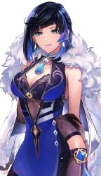 Rule 34 | 1girl, asymmetrical gloves, black hair, blue eyes, blue hair, bob cut, breasts, cleavage, commentary request, diagonal bangs, earrings, elbow gloves, feather-trimmed jacket, feather collar, fur-trimmed jacket, fur trim, genshin impact, gloves, highres, jacket, jacket on shoulders, jewelry, large breasts, mismatched gloves, mole, mole on breast, multicolored hair, neck tassel, niboshi marine, pants, single elbow glove, smile, solo, tassel choker, tight clothes, tight pants, vision (genshin impact), waist cutout, white jacket, yelan (genshin impact)