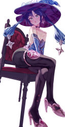 Rule 34 | 1girl, bare shoulders, blue hat, blue leotard, blush, breasts, brown pantyhose, chair, choker, cleavage, crossed legs, earrings, genshin impact, gold trim, hair ribbon, hat, high heels, highres, jewelry, leotard, long hair, looking at viewer, medium breasts, mona (genshin impact), open mouth, pantyhose, ribbon, sitting, solo, star (symbol), star earrings, thighlet, twintails, uenoryoma, witch hat