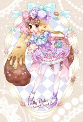 Rule 34 | 1girl, :d, argyle, argyle background, argyle clothes, bad id, bad pixiv id, bag, bangle, blue bow, blush, bow, bracelet, brown eyes, brown hair, candy, candy lapin (show by rock!!), cookie, dress, english text, food, food-themed ornament, frilled bow, frilled sleeves, frills, group name, heart, highres, holding, holding food, jewelry, lace, leaning forward, lollipop, macaron, mamaloni, open mouth, outstretched arm, pantyhose, pink bow, puffy short sleeves, puffy sleeves, purple footwear, shoes, short hair, short sleeves, show by rock!!, smile, solo, sparkle, star (symbol), swept bangs, twitter username, white background, wrapped candy