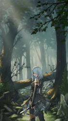 Rule 34 | 1girl, a2 (nier:automata), absurdres, armlet, bare shoulders, black dress, black gloves, boots, branch, corset, dappled sunlight, dress, elbow gloves, forest, gloves, hair over one eye, highres, holding, holding knife, holding weapon, knife, looking at viewer, looking back, nature, nier:automata, nier (series), rock, ruins, short shorts, shorts, solo, standing, sunlight, thigh boots, thighhighs, thighhighs under boots, torn clothes, tree, weapon, white hair, yasu (segawahiroyasu)