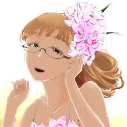 Rule 34 | 1girl, adjusting eyewear, alternate hairstyle, backlighting, bare shoulders, blonde hair, colored eyelashes, commentary request, fingernails, flower, flower request, glasses, gradient background, grey-framed eyewear, hair flower, hair ornament, hair up, half-closed eyes, head tilt, kaya (nari1-24), long hair, looking at viewer, nail polish, open mouth, perrine h. clostermann, pink nails, portrait, smile, solo, spaghetti strap, strike witches, world witches series, yellow background, yellow eyes