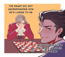 Rule 34 | ace attorney, ascot, black eyes, black hair, board game, border, chess, chess piece, chessboard, commentary, eating the chess pieces (meme), english commentary, formal, grey hair, highres, looking at viewer, meme, miles edgeworth, outside border, phoenix wright, short hair, suit, vivbluetea, white border