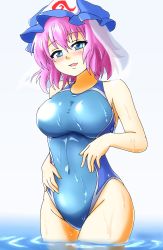 Rule 34 | 1girl, absurdres, bad id, bad nicoseiga id, blue eyes, blue one-piece swimsuit, blush, breasts, competition swimsuit, d-m (dii emu), hat, highres, large breasts, mob cap, one-piece swimsuit, open mouth, pink hair, ripples, saigyouji yuyuko, shiny clothes, short hair, smile, solo, swimsuit, touhou, triangular headpiece, water, wet, wet clothes, wet swimsuit