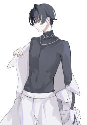 Rule 34 | 1boy, black hair, black shirt, closed mouth, expressionless, facing to the side, highres, itsuki (paradox live), jacket, looking ahead, male focus, miya (38magical), multicolored hair, neck tattoo, pants, paradox live, removing jacket, shirt, short hair, solo, tattoo, white hair, white jacket, white pants
