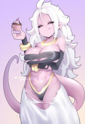 Rule 34 | 1girl, :q, android 21, black sclera, bracelet, breasts, cake, choker, colored sclera, colored skin, dragon ball, dragon ball fighterz, food, gradient background, holding, holding food, hot vr, jewelry, large breasts, long hair, majin android 21, navel, pants, pink skin, pointy ears, purple background, red eyes, solo, stomach, tail, tongue, tongue out, torn clothes, torn pants, white hair, white pants, yellow choker