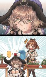 Rule 34 | 2girls, absurdres, animal ears, arknights, brown eyes, brown hair, cow girl, cow horns, flower, fox ears, fox girl, fox tail, green eyes, highres, horns, multiple girls, official alternate costume, pallas (arknights), perfumer (arknights), perfumer (species plantarum) (arknights), plant, potted plant, sad, surprised, tail, wasabiyam, wet, wet clothes